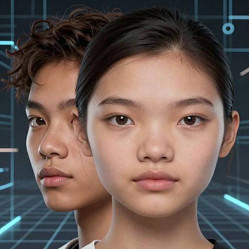 Photorealistic digital portrait of an Asian couple with smooth skin, dark hair, and neutral expressions, set against a futuristic, grid-patterned blue background