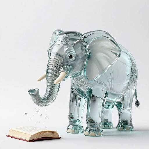 CGI image of a transparent, glass-like elephant with white tusks touching an open book with falling pages. White background.
