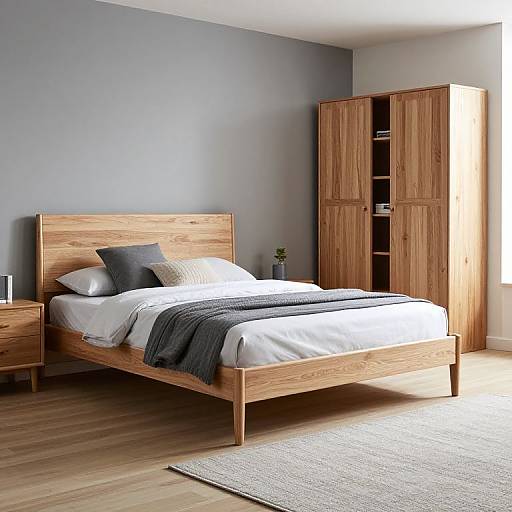 Photograph of a modern bedroom with a wooden bed, gray walls, light wood floor, white bedding, gray blanket, and wooden wardrobe.