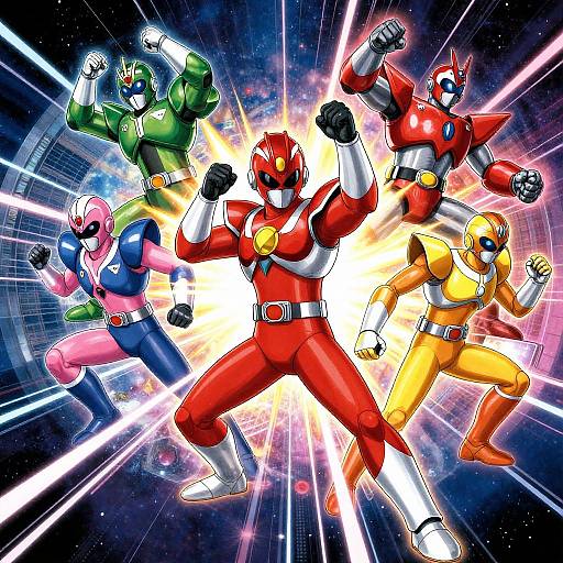 Digital artwork of five colorful, robotic superheroes in dynamic poses, radiating energy against a cosmic backdrop with bright beams.