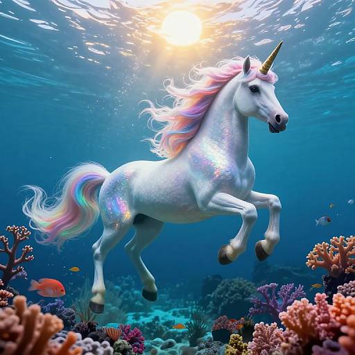 Photograph of a radiant, white unicorn with a rainbow mane and tail, galloping underwater amidst vibrant coral reefs and colorful fish, illuminated by sunlight