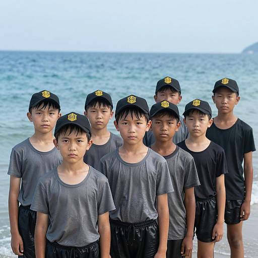 Seven Children by the Ocean in Uniforms