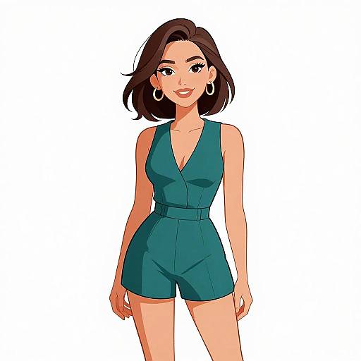 Digital illustration of a confident woman with short brown hair, wearing a teal sleeveless romper, large hoop earrings, and smiling, standing against a white