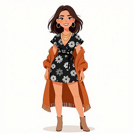 Digital illustration of a smiling woman with dark hair, wearing a black floral dress, orange fringe cardigan, hoop earrings, and brown ankle boots, standing