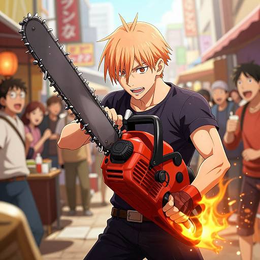 Anime-style illustration of a muscular, orange-haired man wielding a red chainsaw with flames, standing in a bustling street market.