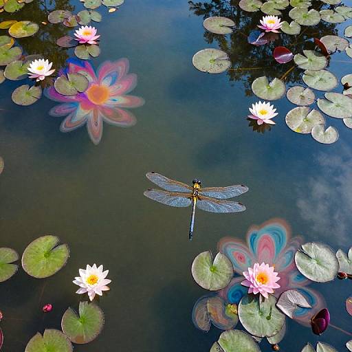 Photograph of a serene pond with a central dragonfly, surrounded by pink and white water lilies, and green lily pads. Reflections create