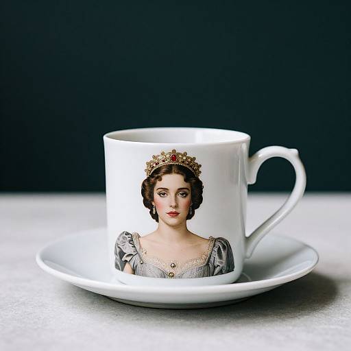 Photograph of a white ceramic teacup and saucer with a detailed, regal portrait of a woman wearing a crown and elegant gown, set