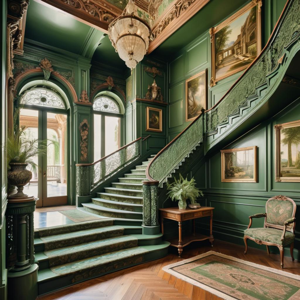 Ornate Staircase in Muted Greens and Browns