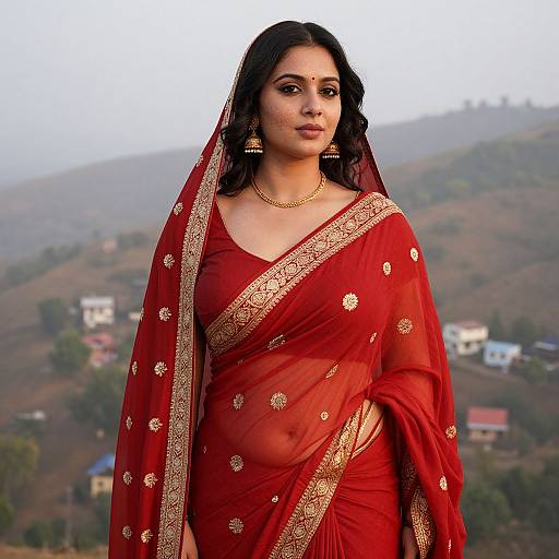 Photograph of a South Asian woman with dark hair, wearing a red saree with gold embroidery, standing outdoors against a hilly background. She has
