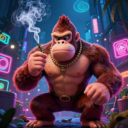 CGI image of a muscular, anthropomorphic gorilla smoking a cigar, wearing a gold chain, in a neon-lit, futuristic city street.