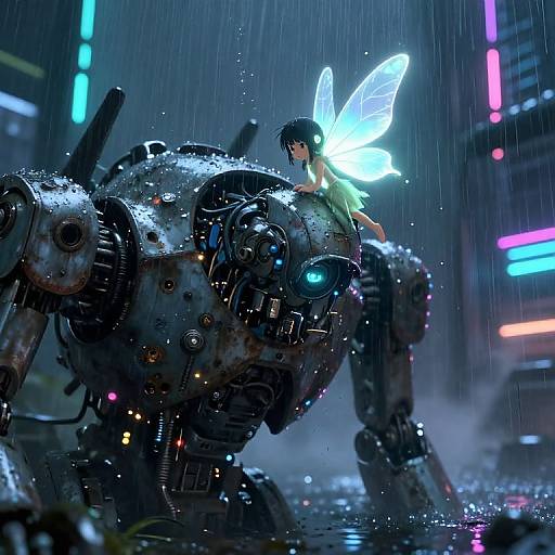 Digital art: Neon-lit, rainy cityscape. A glowing blue fairy with translucent wings sits on a rain-soaked, futuristic robot. Neon lights