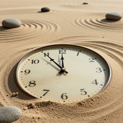 Photograph of a round clock face embedded in smooth, raked sand with concentric circles and gray stones, showing 10:10.