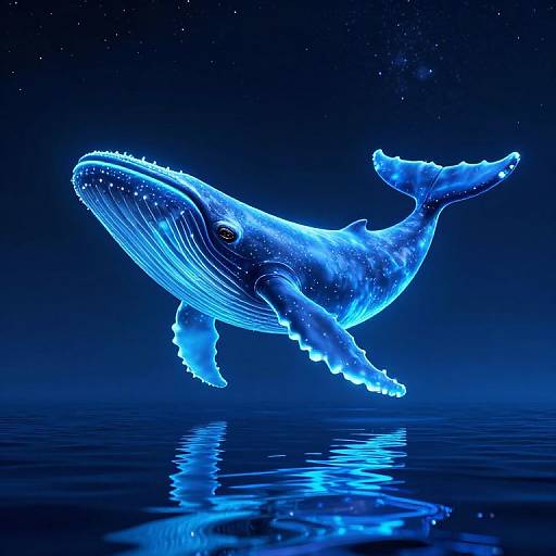 Glowing blue digital illustration of a humpback whale with bioluminescent patterns, swimming in a dark, starry ocean, reflecting on