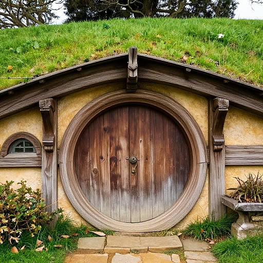Photograph of a hobbit-style house with a circular wooden door, grassy roof, stone path, and small window on the left.