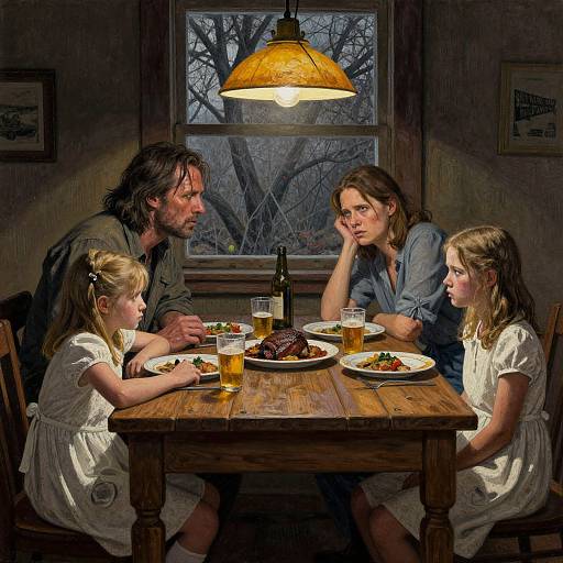 Photograph of a family of four, sitting at a wooden table in a dimly lit room, eating dinner under a yellow pendant light, with a