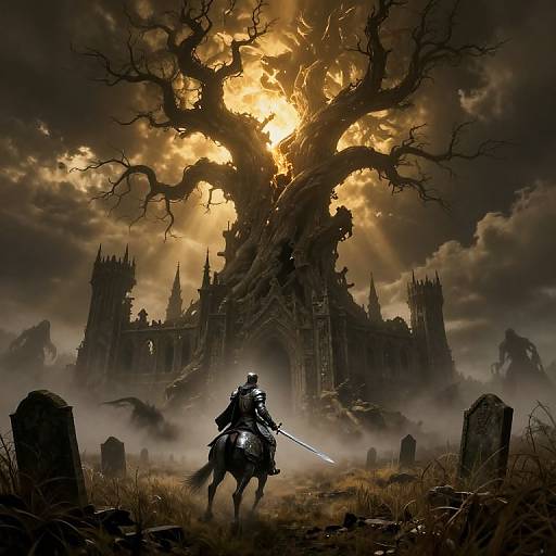 Dark fantasy illustration: armored knight on horse, sword drawn, approaches eerie, sunlit gothic castle with twisted, shadowy tree; foggy graveyard