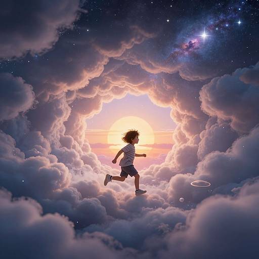 Digital artwork of a child with curly hair, running through a dreamy, cloudy sky with a radiant sunset and starry background.