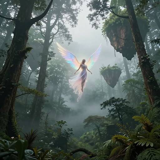 Digital fantasy artwork of a glowing angel with vibrant blue and white wings, floating in a misty, dense forest with hanging tree islands.