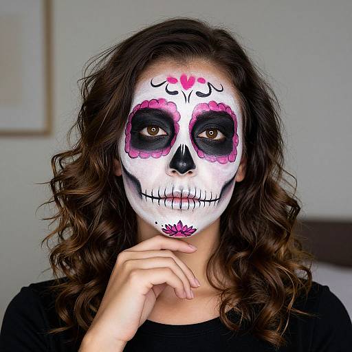 Photograph of a woman with curly brown hair, wearing a black top, and a detailed sugar skull face paint in white, black, and pink,