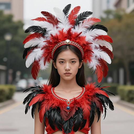Young Woman in Red and Black Feather Costume