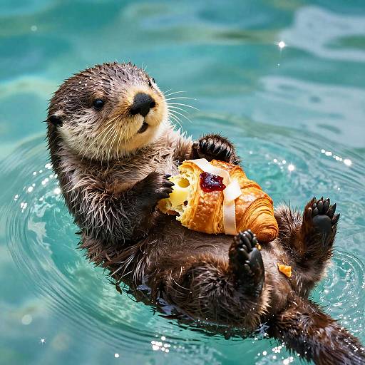 Playful Sea Otter Floating with Croissant
