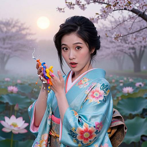 Digital art: Asian woman in blue floral kimono plays with colorful water gun, cherry blossoms, lotus flowers, misty background.