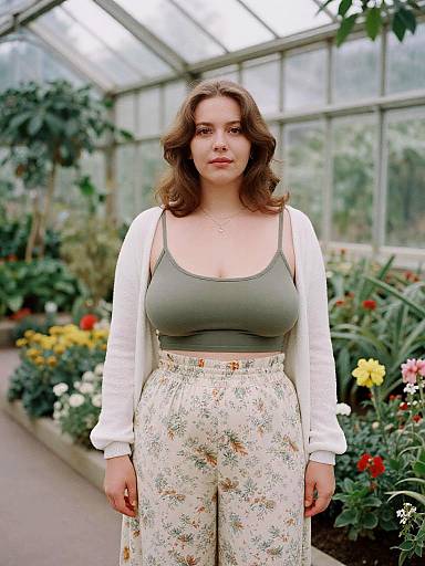 Curvy woman in botanical garden greenhouse