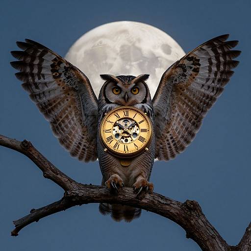 Photograph of a realistic owl with wings spread, perched on a branch, featuring a clock face on its chest, against a full moon and clear