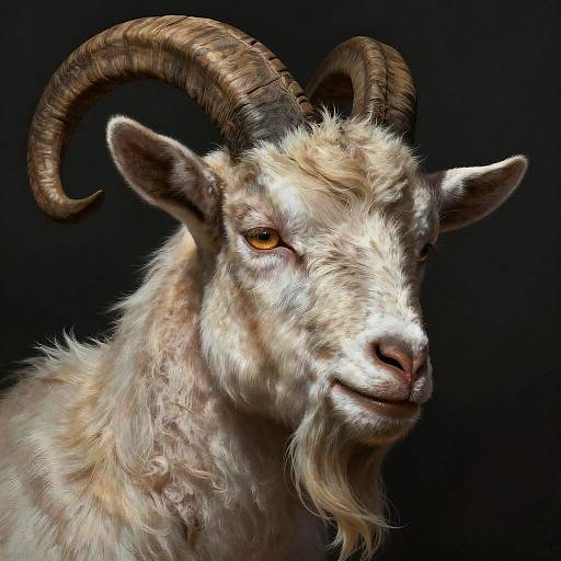 Photorealistic digital portrait of a white goat with curved, textured brown horns, orange eyes, and a subtle smile against a black background.