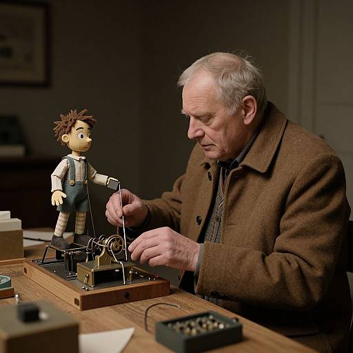Elderly Man Repairing Puppet Device