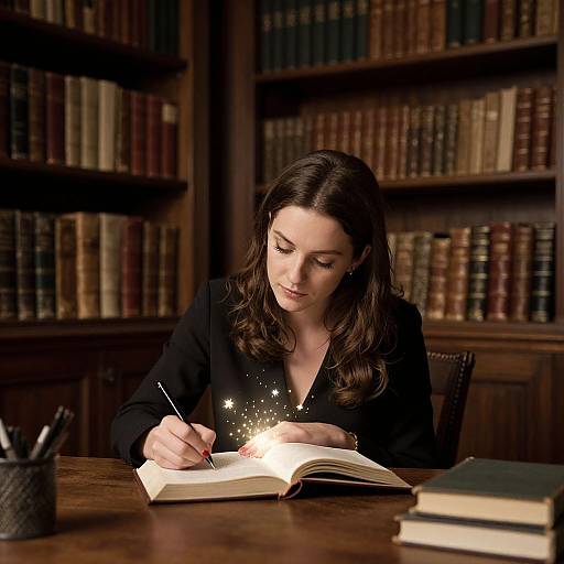 Photograph of a brown-haired woman in a black blazer writing in an illuminated book in a dimly lit, wooden library.
