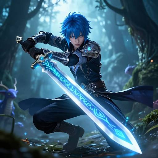 Digital artwork of a blue-haired, intense-eyed warrior crouching in a mystical forest, gripping a glowing blue sword with intricate patterns.