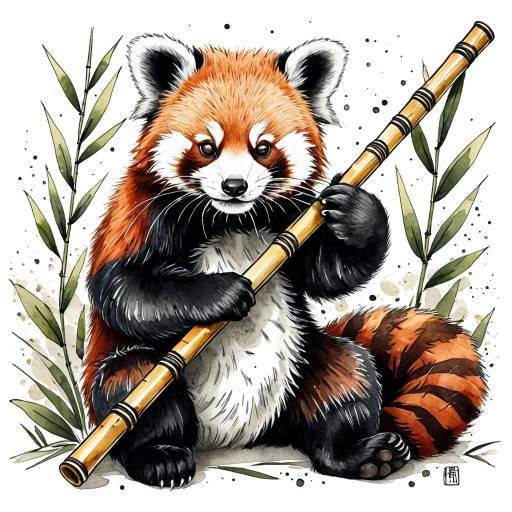 Red Panda Playing Bamboo Flute Illustration