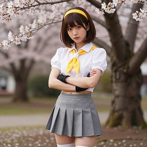 Photograph-style CGI of an East Asian woman with short brown hair, wearing a white blouse, yellow necktie, gray pleated skirt, and yellow