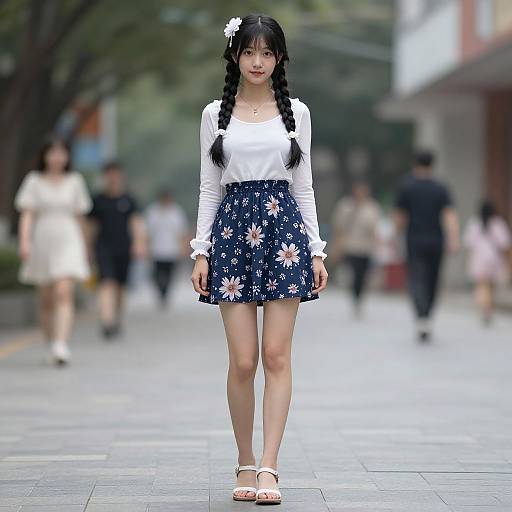 Photograph of an Asian woman with black braided hair, white long-sleeve top, and navy floral skirt, walking on a blurred urban street