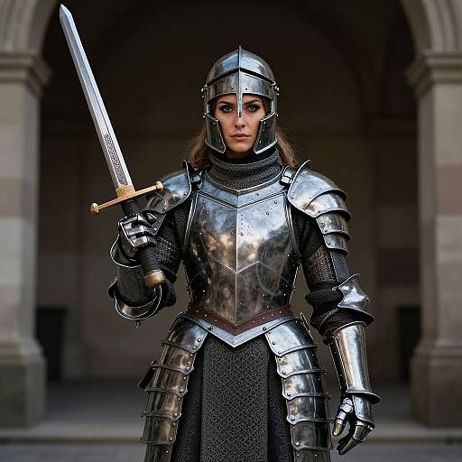 Photorealistic digital art of a stern-faced female knight in shiny silver armor, holding a sword, standing in a dark, arched stone doorway.