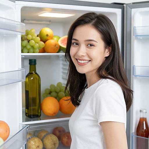 Woman Smiling by Organized Fridge