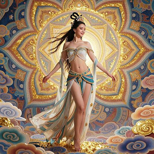 Digital artwork of a radiant, long-haired Asian woman in ornate, golden and turquoise attire, standing on glowing clouds with a vibrant, mandala-pattern