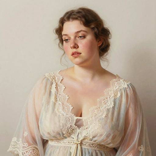 Digital painting of a fair-skinned, curvy woman with brown, wavy hair, wearing a sheer, lace-trimmed, low-cut,