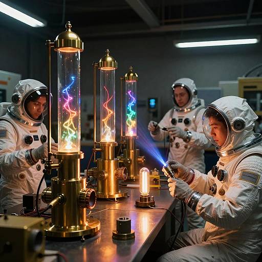 Scientists in Raypunk Laboratory with Plasma Tubes