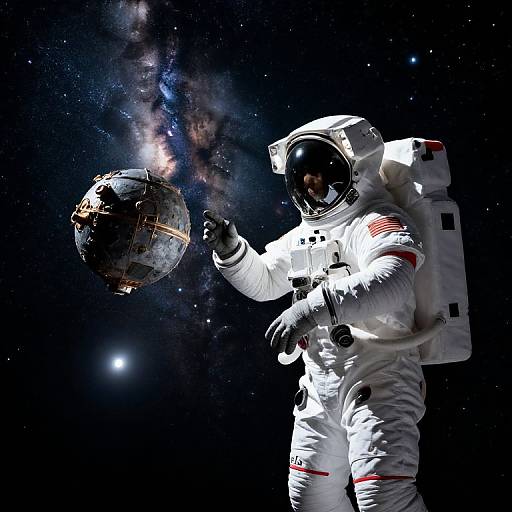 Photograph of an astronaut in a white spacesuit reaching towards a detailed, space-debris-covered asteroid in a starry, Milky Way-filled background.