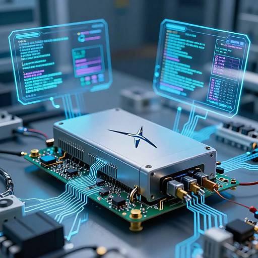 Photograph of a silver CPU with glowing blue holographic code interfaces hovering above, connected to intricate circuit boards, in a high-tech, futuristic lab setting