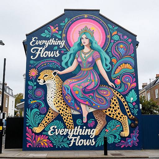 Vibrant mural of a blue-haired woman in a colorful dress holding a cheetah, surrounded by psychedelic patterns, with 