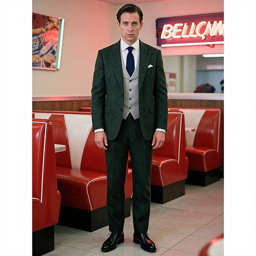 Photograph of a young man in a dark gray suit, white vest, blue tie, and black shoes standing in a retro diner with red booths and