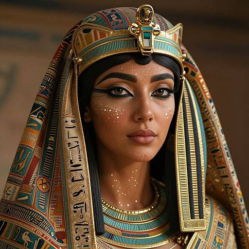 Photorealistic digital portrait of an Egyptian queen with dark skin, adorned in a detailed gold and turquoise headdress, wearing glittering makeup and intricate jewelry