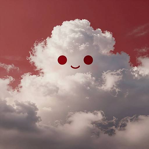 Photograph of a fluffy white cloud with red, circular eyes and a small smile, set against a red and gray sky.