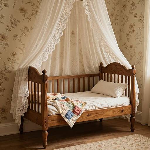 Vintage wooden crib with white lace canopy, quilt, and pillows, set against floral-patterned wallpaper and wooden floor. Sunlit, cozy bedroom.