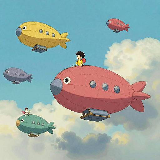 Digital anime-style illustration of four colorful fish-shaped planes with children flying over a bright blue sky with fluffy clouds.