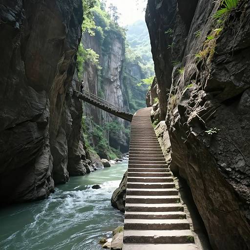 Photograph of a narrow, rocky canyon with a steep stone staircase leading to a suspended bridge over a turquoise river. Sunlight filters through green foliage above