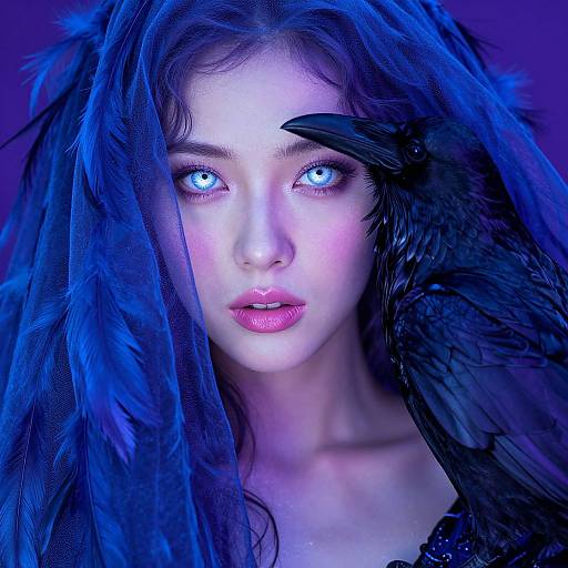 Digital painting of a pale-skinned woman with glowing blue eyes, dark blue feathered hair, and a black feather on her cheek, against a blue